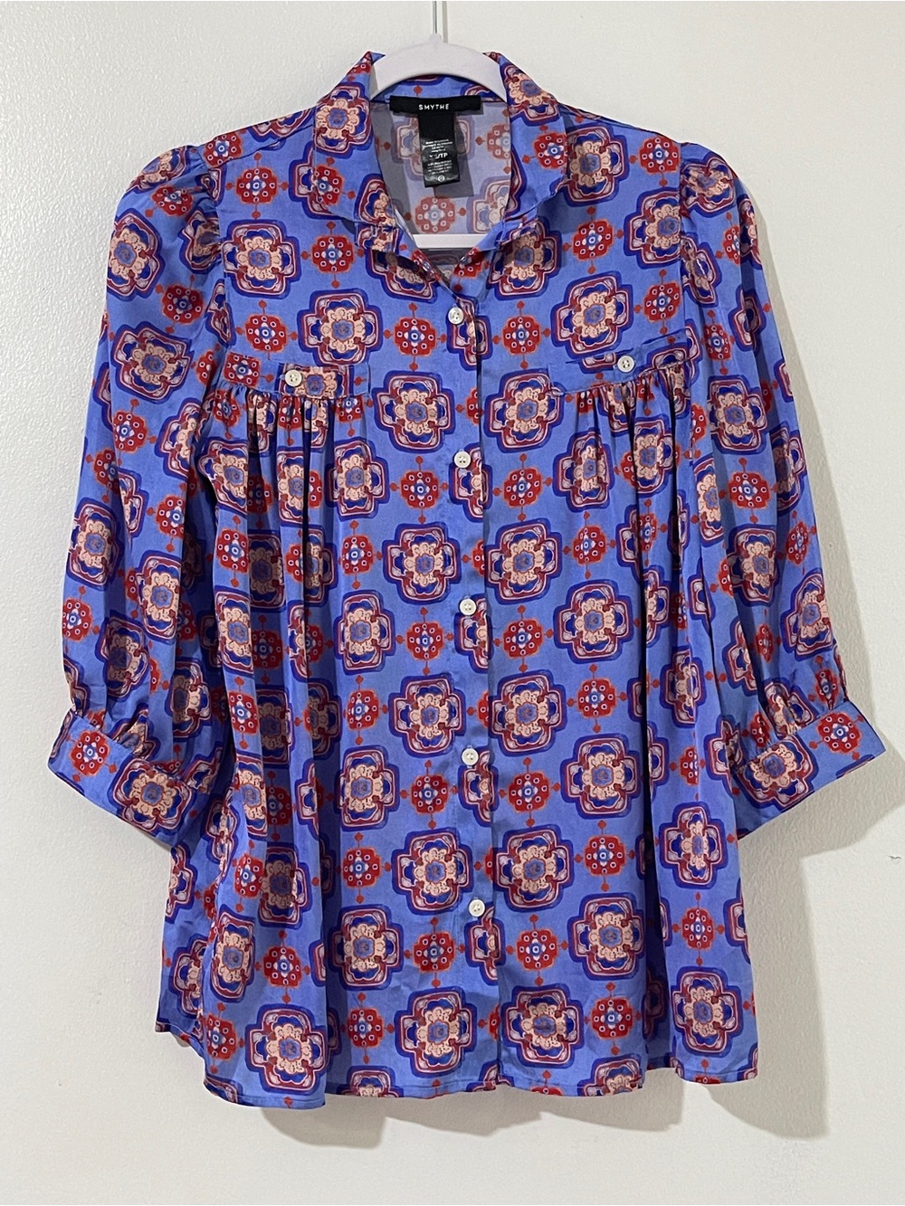 SMYTHE XS Iris Medallion Shirred Pocket Blouse Blue Tile Top